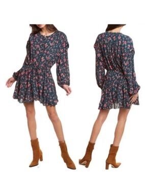 Free People Flower Fields Mini Dress Emerald Combo Floral Boho Long Sleeve